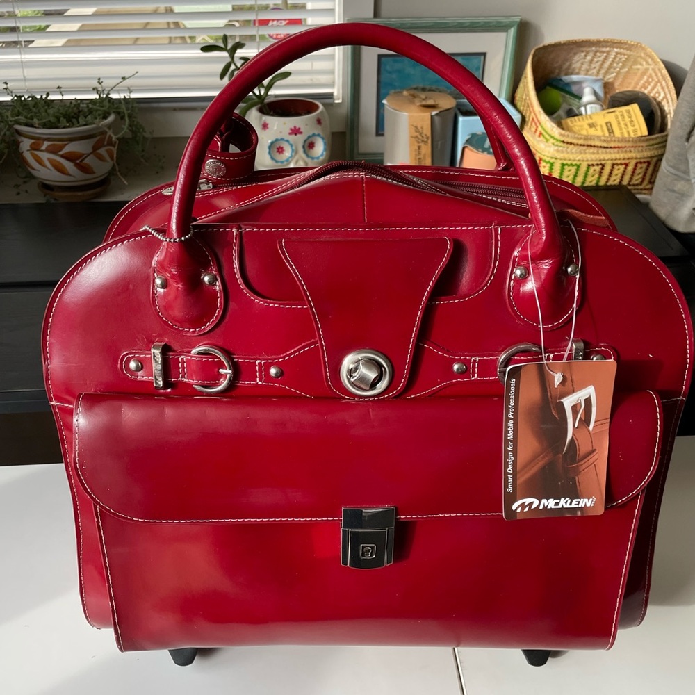 NWT - McKlein red laptop roller bag (genuine leather)